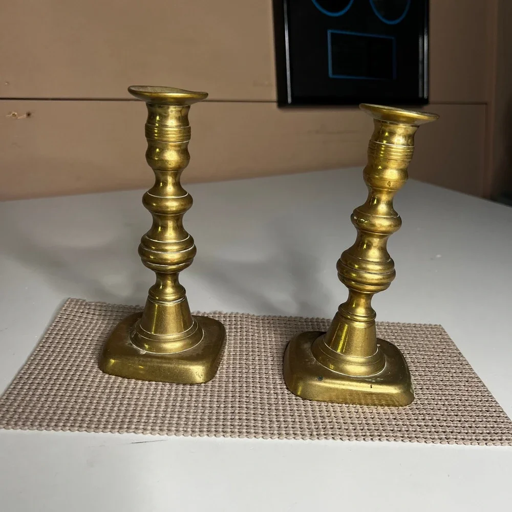 Vintage Solid Brass Candlestick Holders Pair 7 Inch Square Base Traditional Set